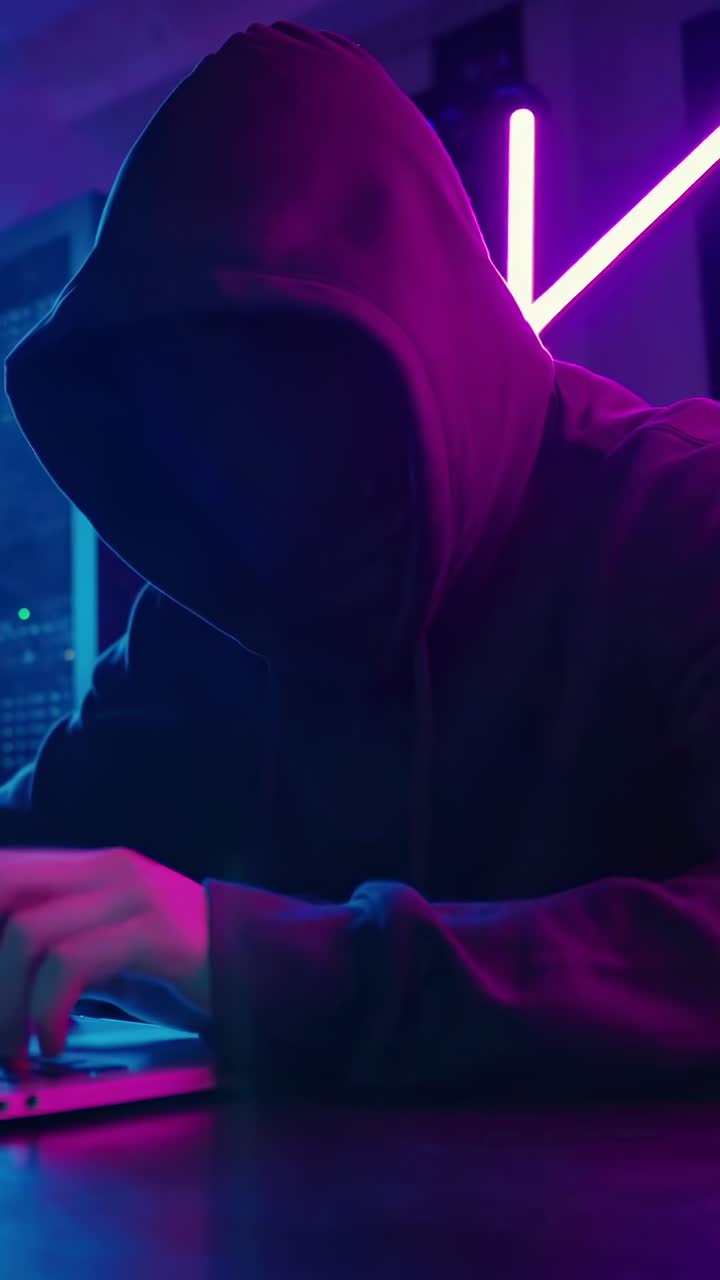 Dramatisk videooptagelse fra lav vinkel af en hætteklædt figur, der taster på en bærbar computer i neonbelysning.