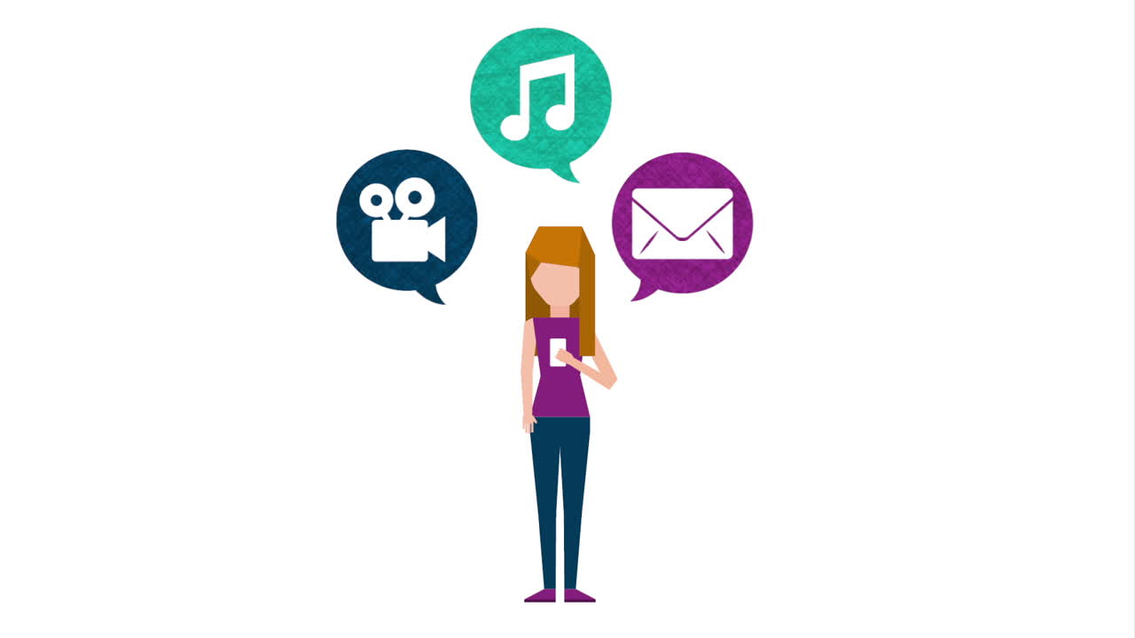 음악, 비디오, 이메일 아이콘이 있는 드폰을 사용하는 여성