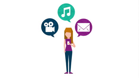 woman using a mobile phone with music, video, and email icons