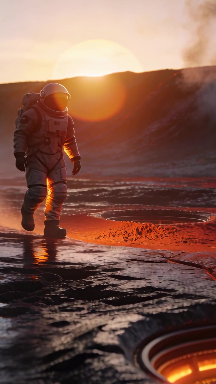 Vertical video: Walking astronaut with pack entering left, checking lit vent on plain, copy space