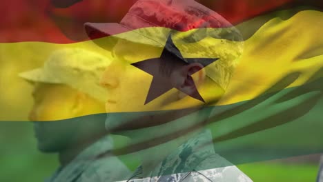 animation of flag of ghana over diverse male soldiers