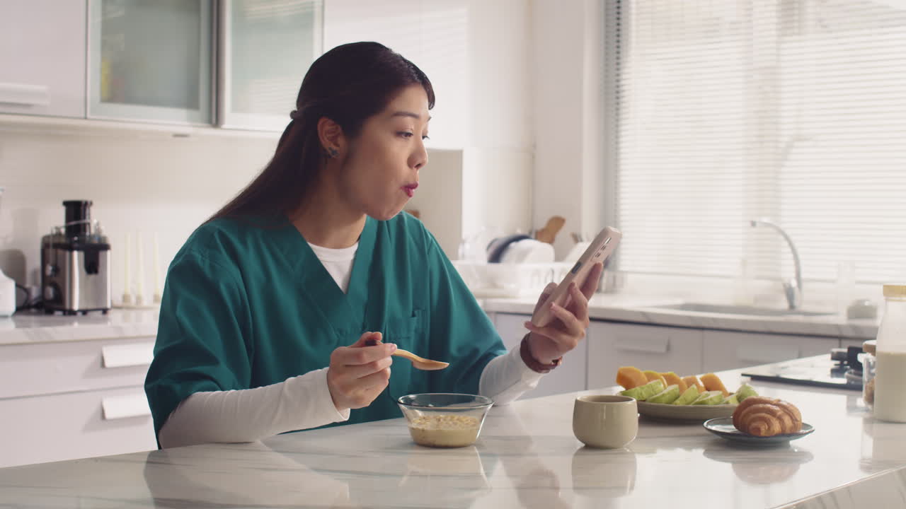 Female Medical Worker Eating Yogurt for Breakfast