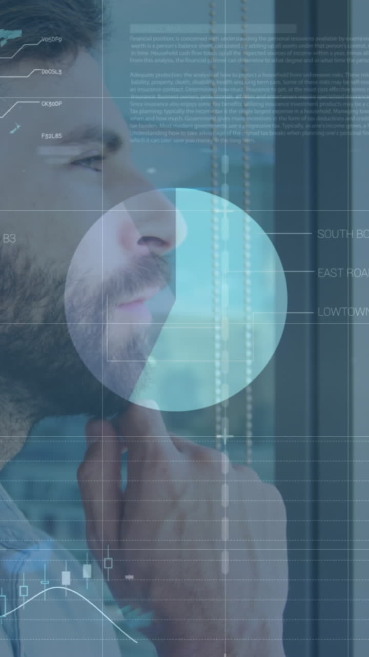 animación del procesamiento de datos financieros sobre el pensamiento del empresario caucásico