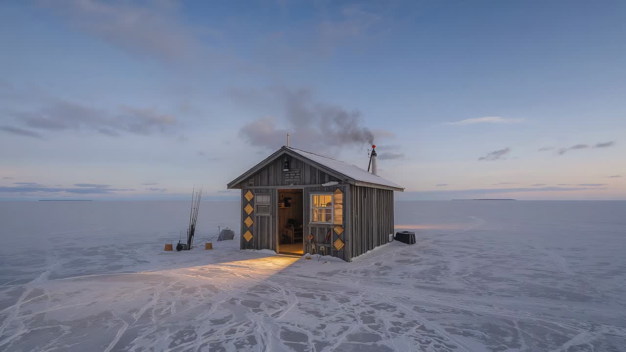Approaching camera revealing fishing shack on frozen lake at dusk, to reveal interior, smoke, rods