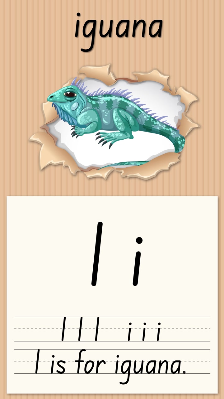 Animated educational video teaches letter I using an iguana illustration and handwriting practice on paper