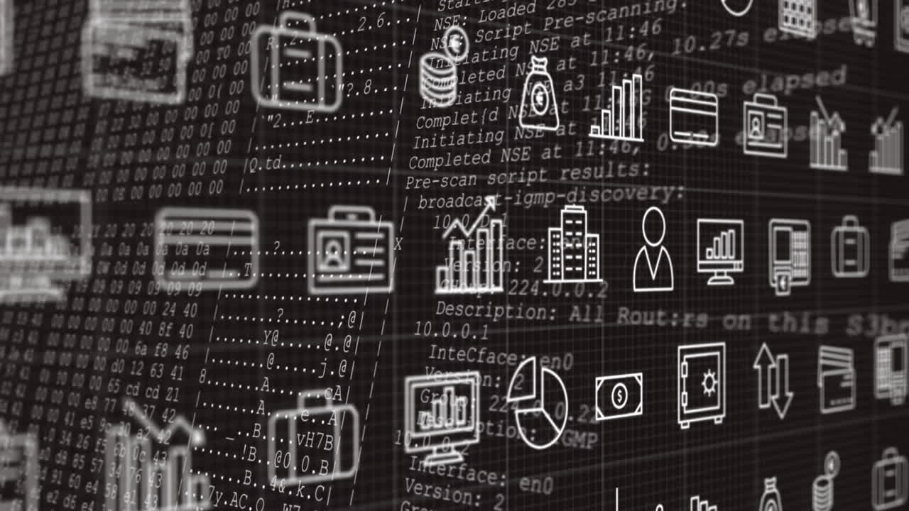 animación de iconos de negocios sobre el procesamiento de datos en fondo negro.