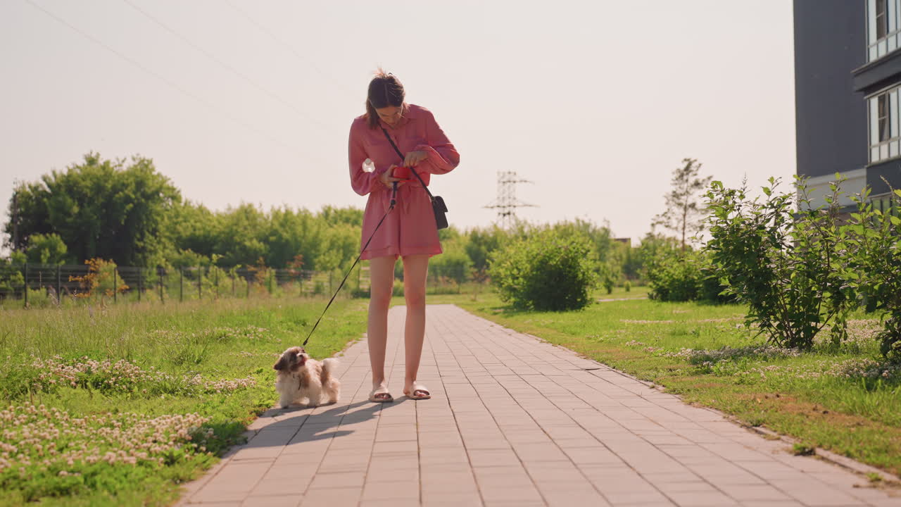 Sidewalk Owner Coaxing Small Dog Forward. Leash Slack And Patient Gestures As Owner Offers Treat And Encouragement, Sunny Pathway With Green Borders, Casual Pink Outfit And Calm Training Vibe