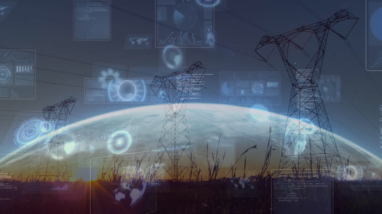 Animation of infographic interface and low angle view of electricity pylons on land over globe