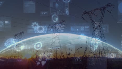 Animation-of-infographic-interface-and-low-angle-view-of-electricity-pylons-on-land-over-globe