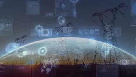animación de la interfaz infográfica y vista de ángulo bajo de los pilares eléctricos en tierra en todo el mundo