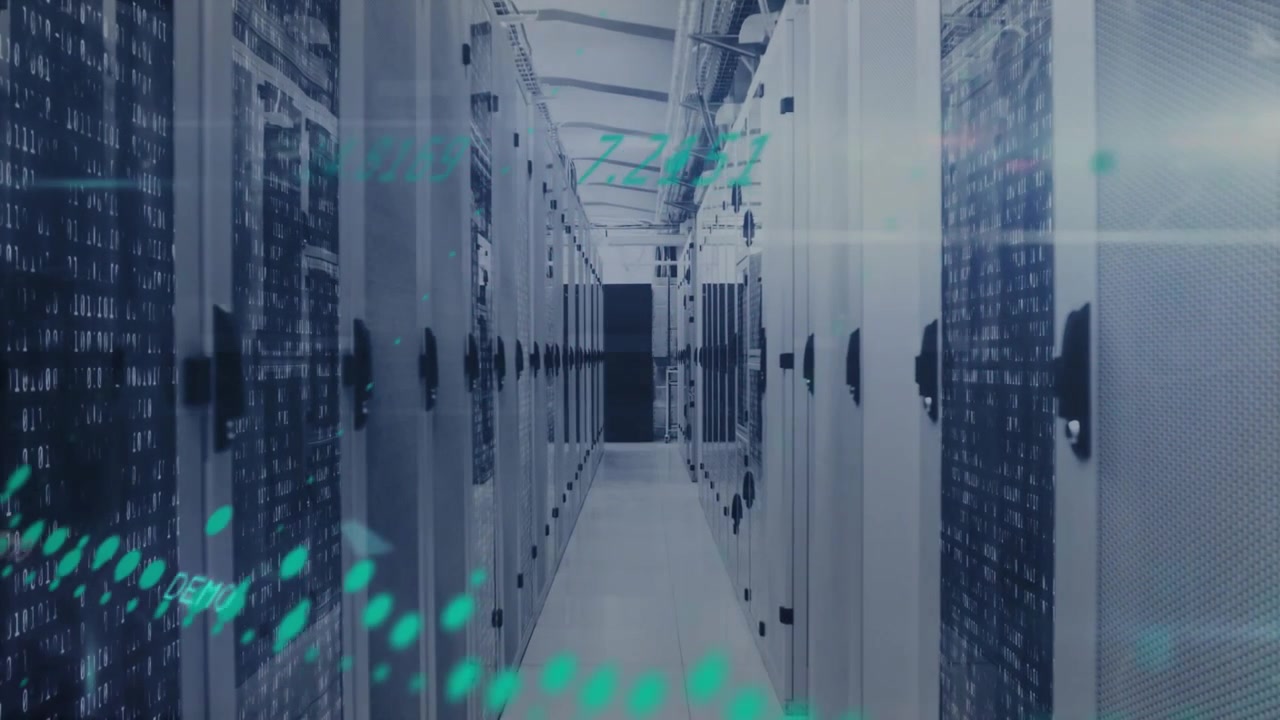 Secure data center corridor showcasing streaming binary code across server racks and cable trays