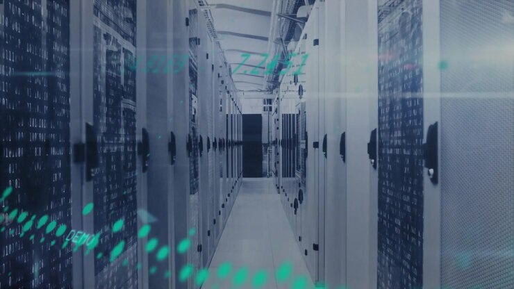 Secure data center corridor showcasing streaming binary code across server racks and cable trays