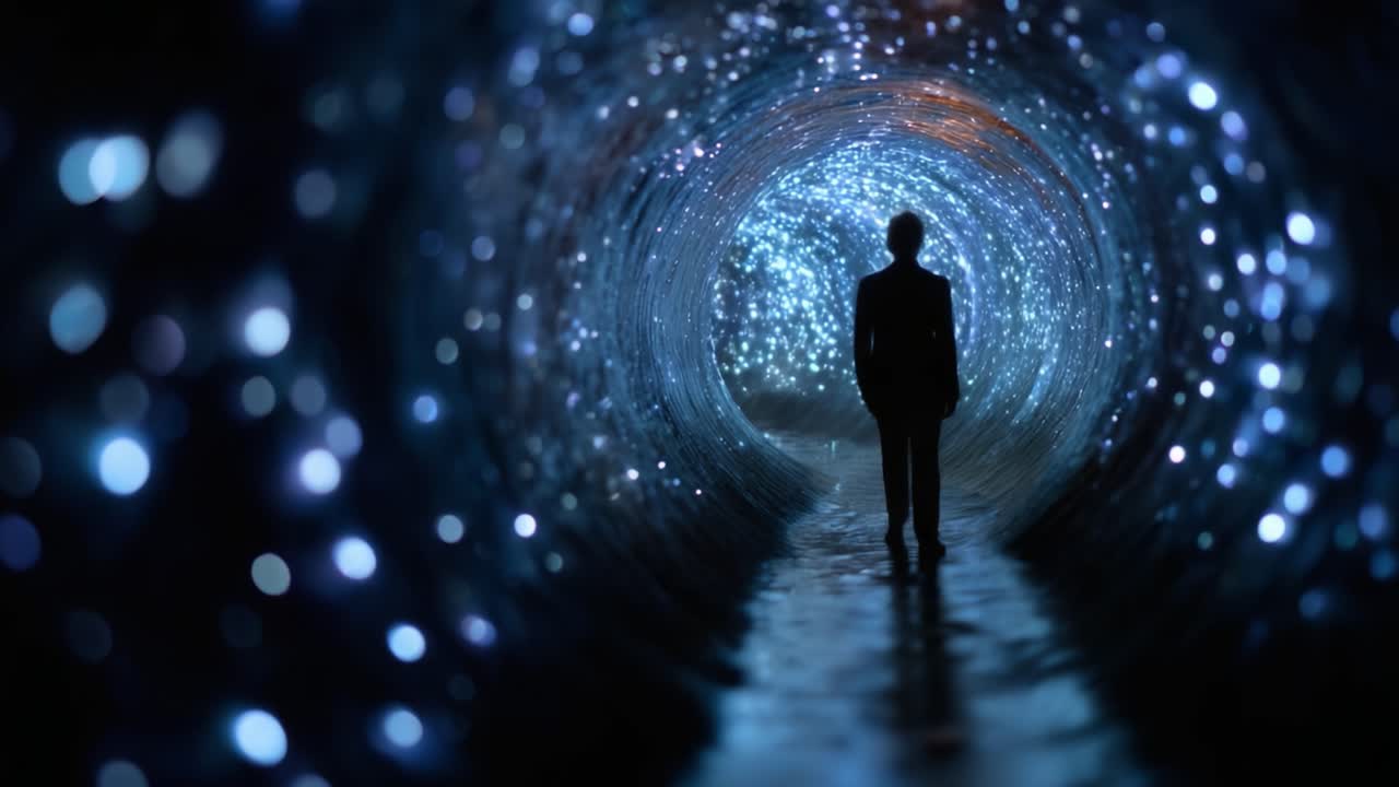 Una figura misteriosa che cammina attraverso un tunnel di luce e stelle brillanti, circondata da un'atmosfera onirica in un'enigmatica esperienza spaziale