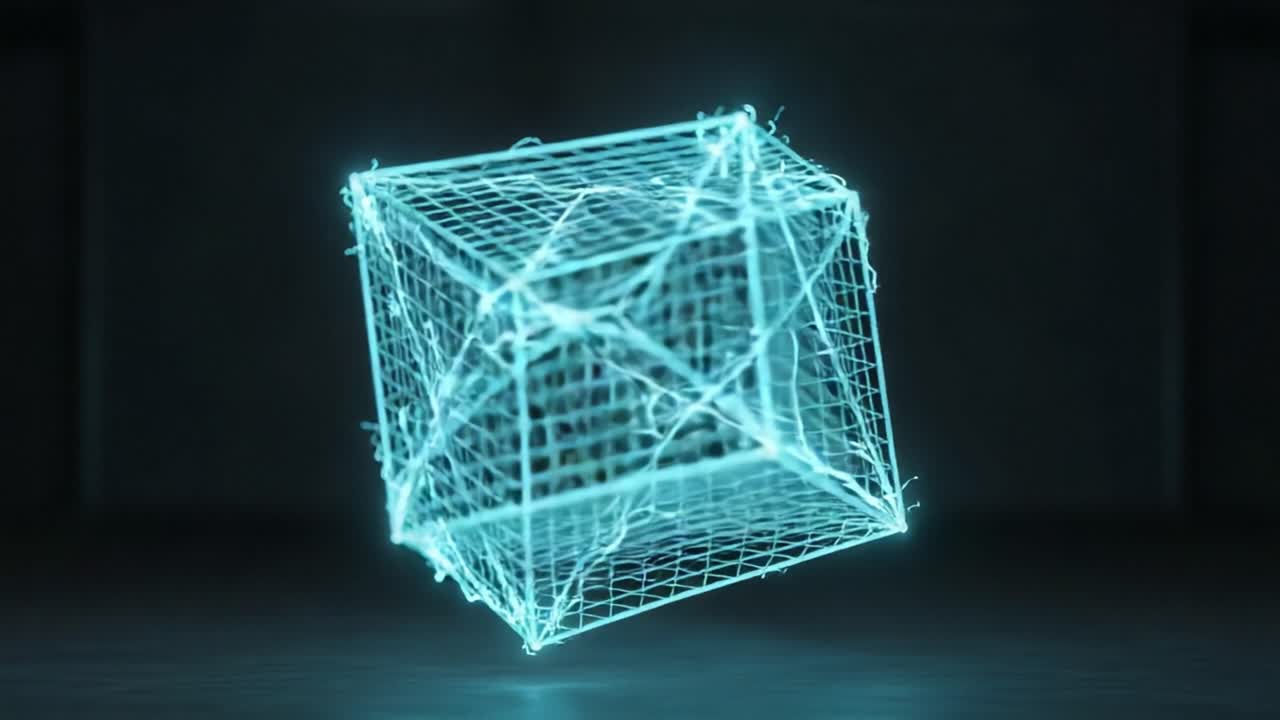 A mesmerizing visual of a glowing, wireframe cube, pulsating with energy and intricate patterns, perfect for showcasing modern digital art and animation techniques