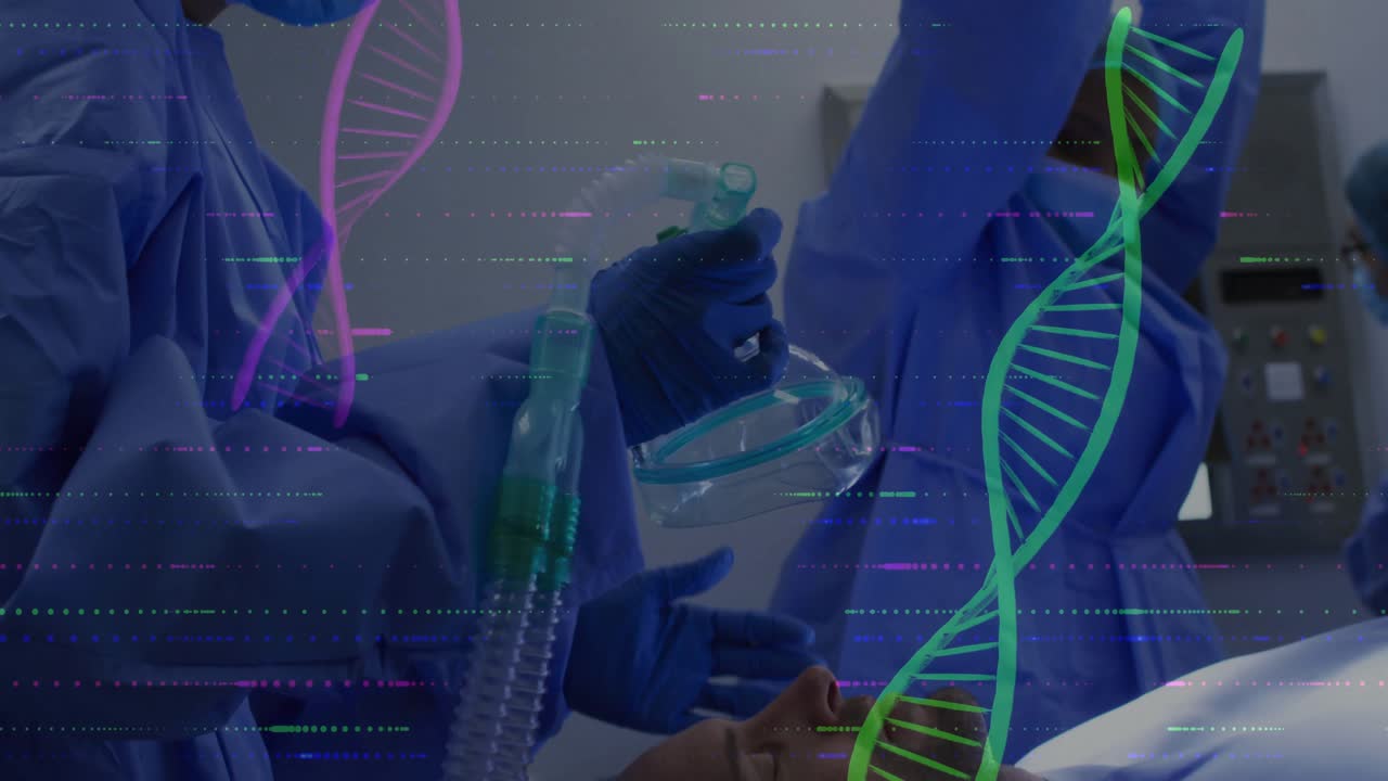 Nurse lifting IV bag, securing tubing, placing anesthesia mask in OR for sedation with DNA overlays