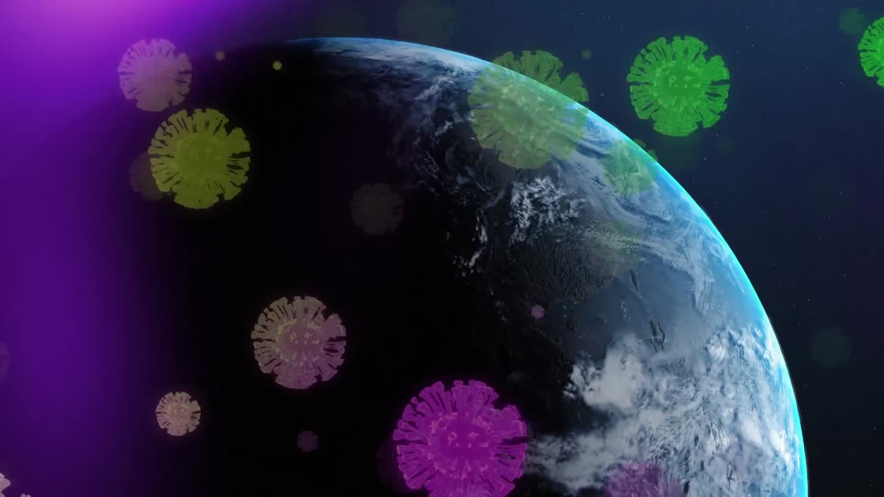 múltiples células de covid-19 flotando y un punto de luz sobre un globo giratorio contra un fondo azul
