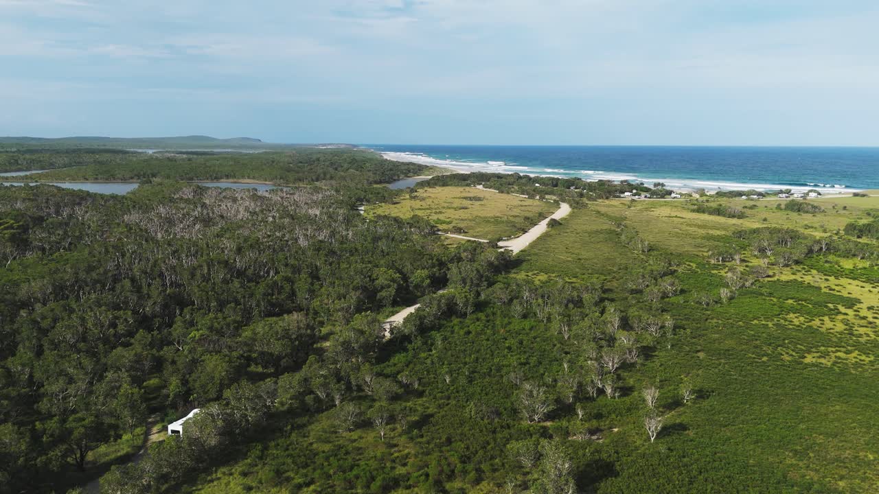 Motorhome journey to campsite in Yuraygir National Park, captured from a breathtaking drone perspective