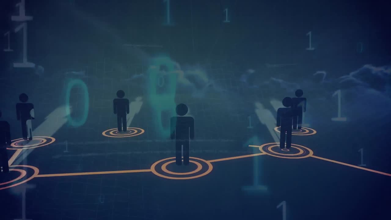 아이콘과 하늘 위의 지구로 연결된 네트워크의 애니메이션