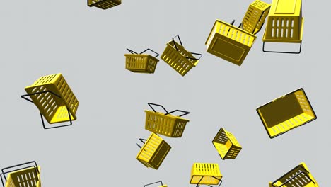 yellow plastic shopping baskets on pale gray background.