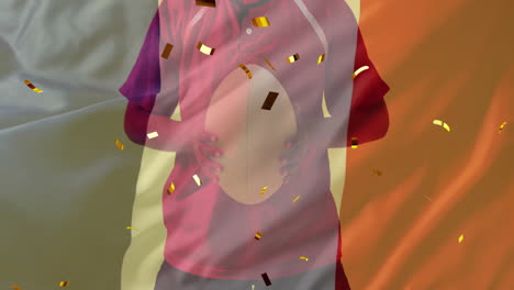animación de confeti y bandera de francia sobre una jugadora de rugby biracial