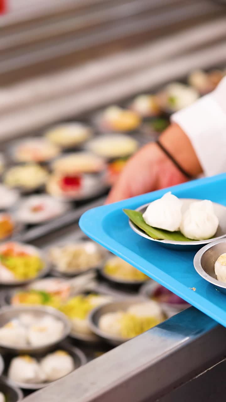 A person picks dim sum dishes from a conveyor belt in a brightly lit restaurant setting