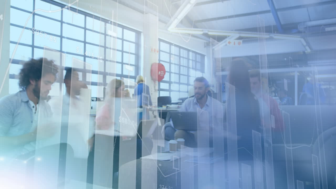 Animation af finansiel databehandling over forretningsfolk på travlt kontor