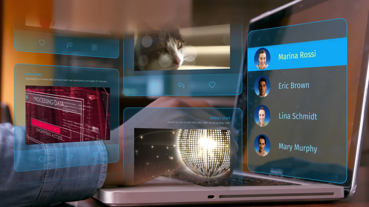 animación de publicaciones en redes sociales y perfiles de personas a través de las manos utilizando una computadora portátil