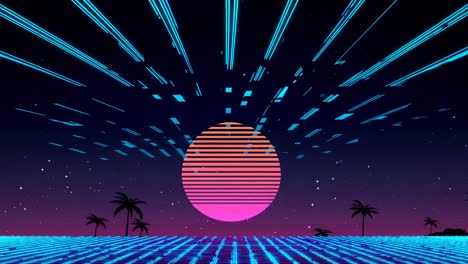 Retro-futuristic video concept with a low-angle view of a neon grid, glowing sun, and palm trees
