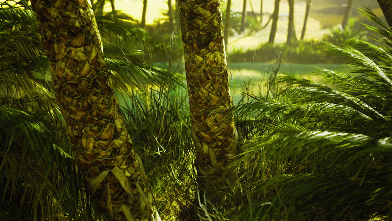 Lush green landscape featuring tropical palms and vibrant foliage in sunlight