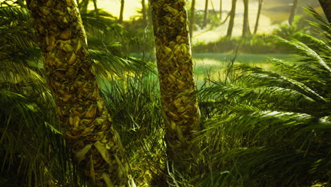 lush green landscape featuring tropical palms and vibrant foliage in sunlight