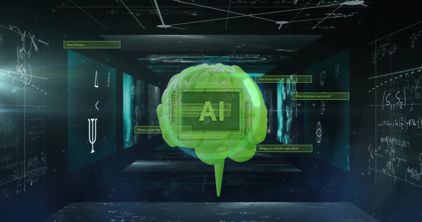 Animation of ai text, human brain and data processing