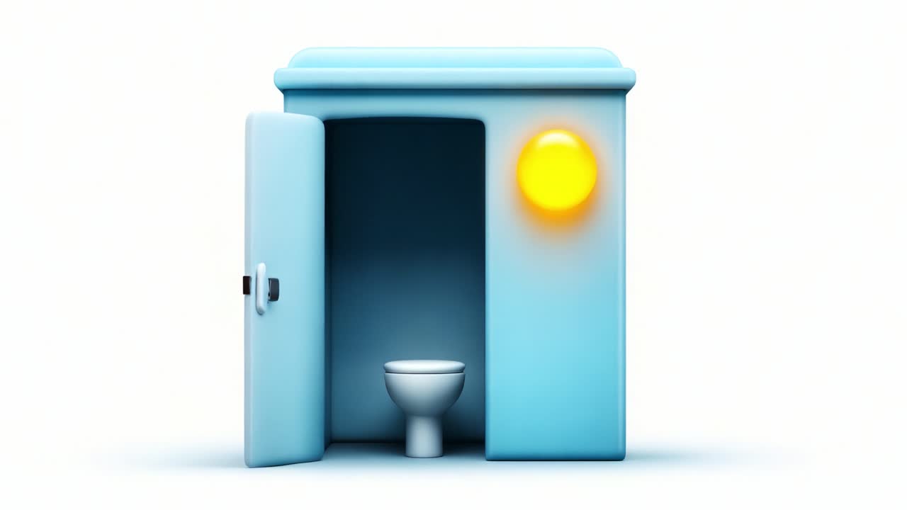 A playful and bright depiction of a blue bathroom stall with an open door revealing a toilet inside, illuminated by a sunny yellow element above, emphasizing cleanliness and functionality