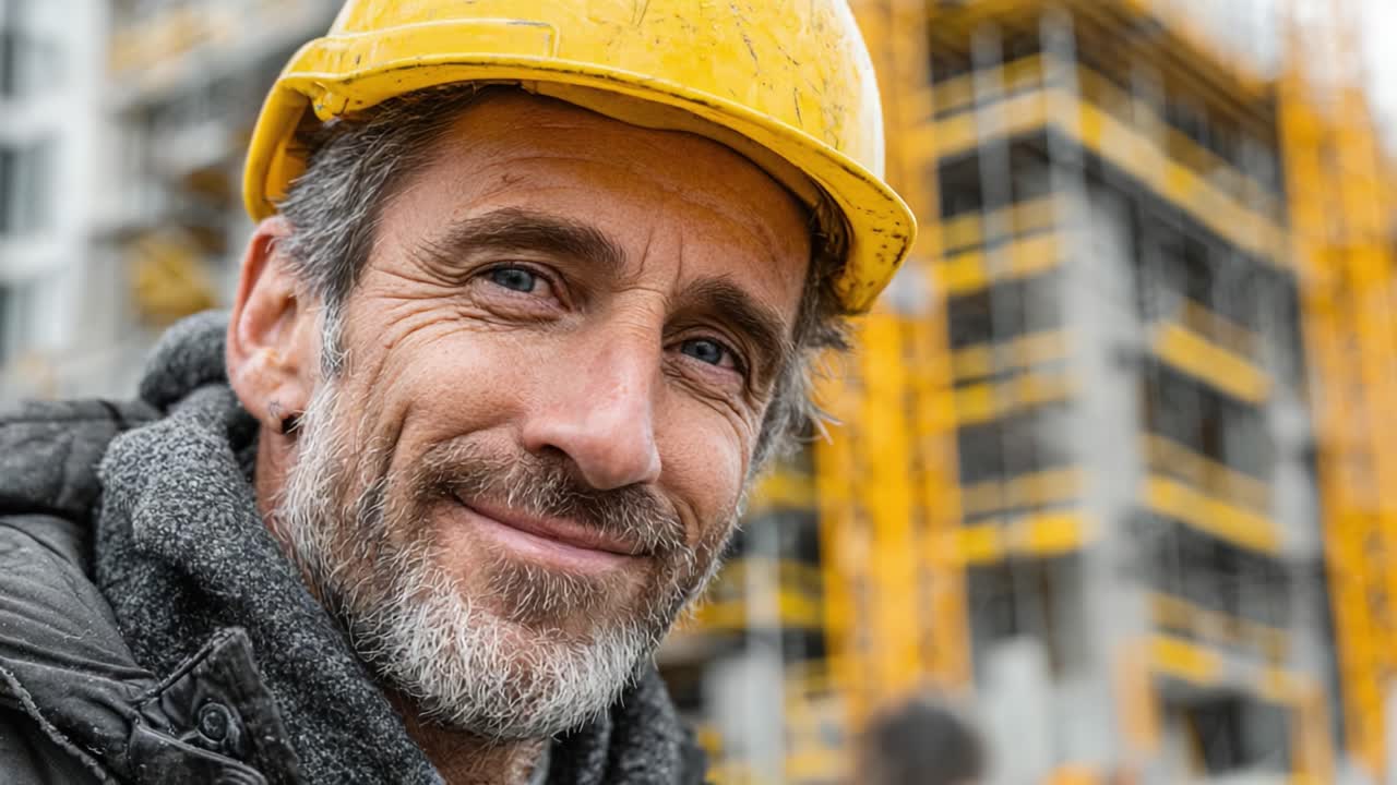 A Skilled Construction Worker in a Hard Hat Smiling at the Camera Against a Backdrop of Modern Building Under Construction, Showcasing Dedication and Professionalism