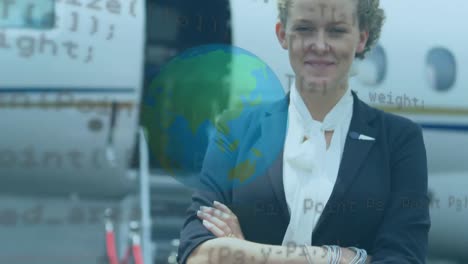 globe and data processing over caucasian businesswoman standing near private plane at airport runway