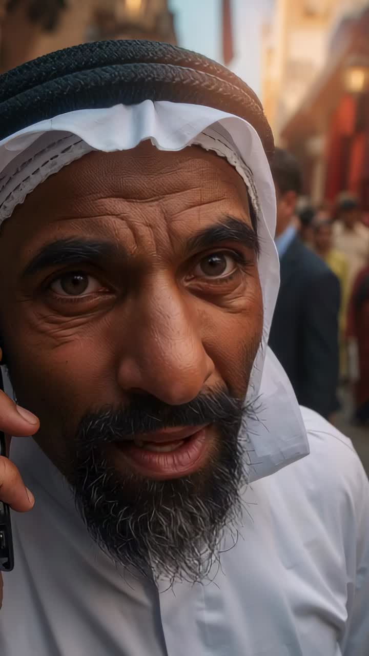 Vertikal video: Arabisk ældre mand tager et opkald og holder telefonen til venstre øre i en gyde, iført thobe og ghutra