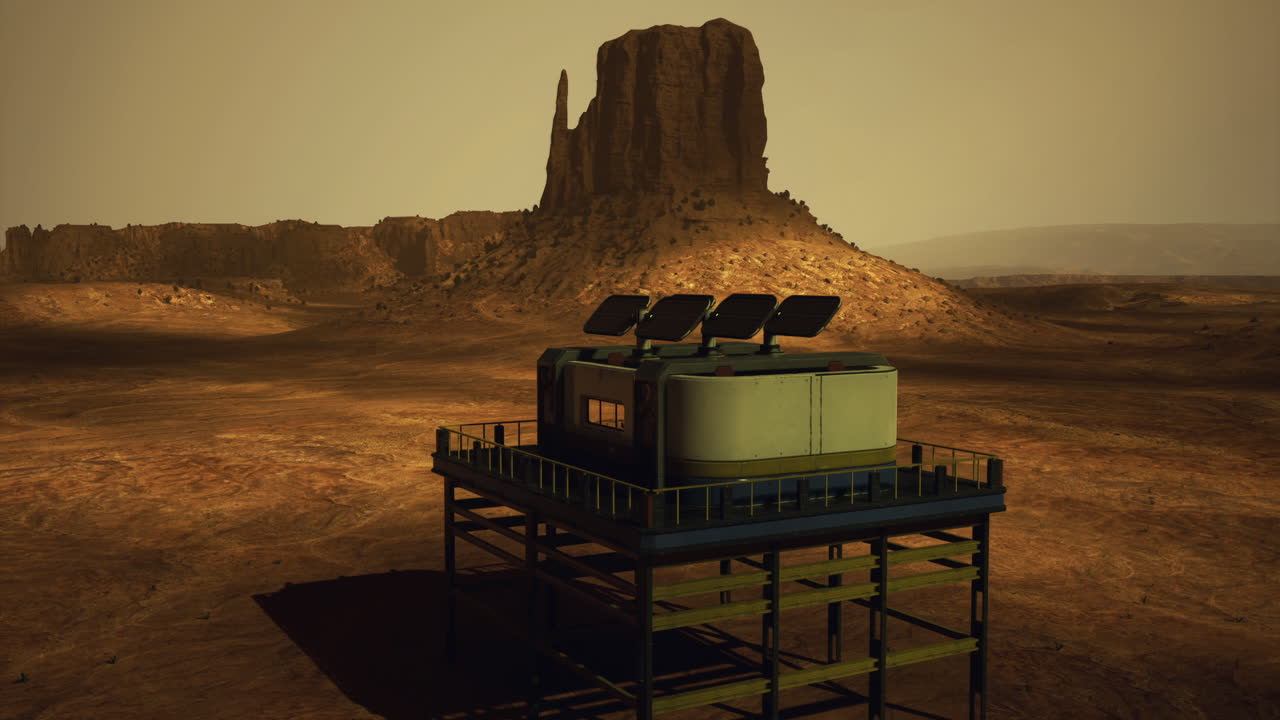 Solar power station in martian landscape with rocky formations at sunset