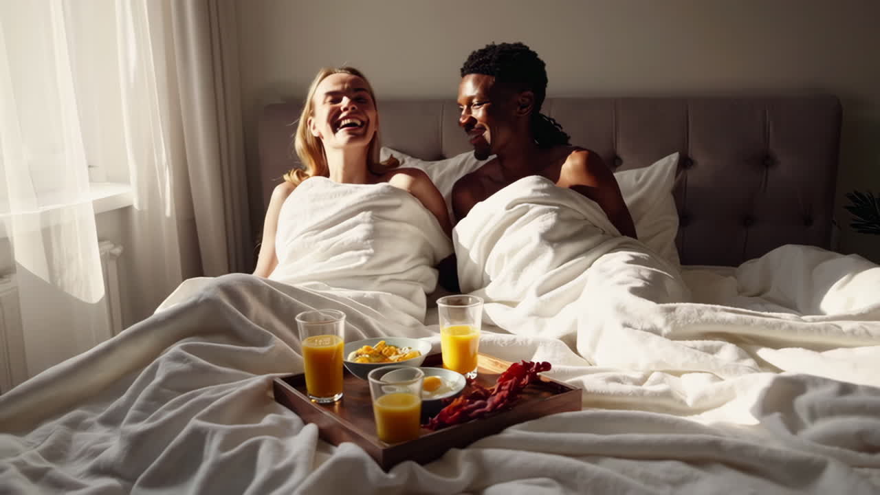 Couple enjoying breakfast in bed