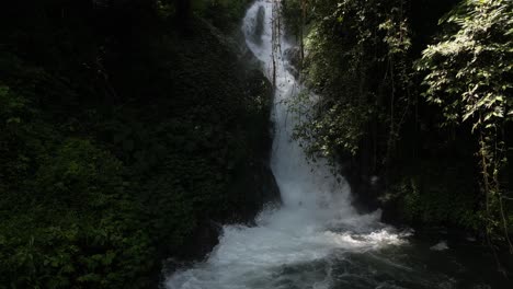 hidden, overgrown waterfall in the jungle in north bali during the summer, aerial