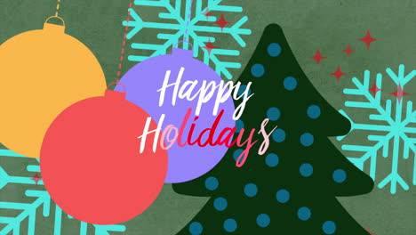 happy holidays with colorful bells on and christmas tree on cartoon texture