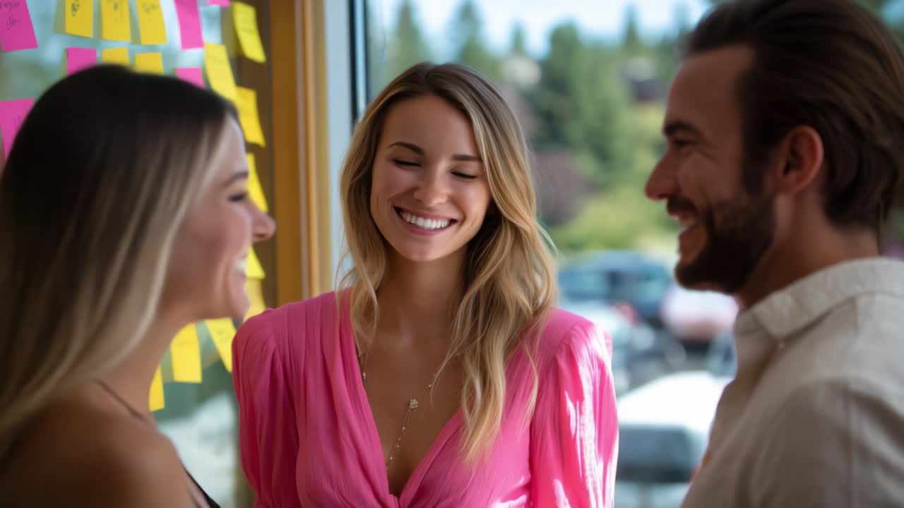 A Captivating Scene of Joy and Connection: Two Friends Engaging in a Lively Conversation with a Charismatic Woman in a Vibrant Environment Full of Colorful Notes, Radiating Positivity and Camaraderie