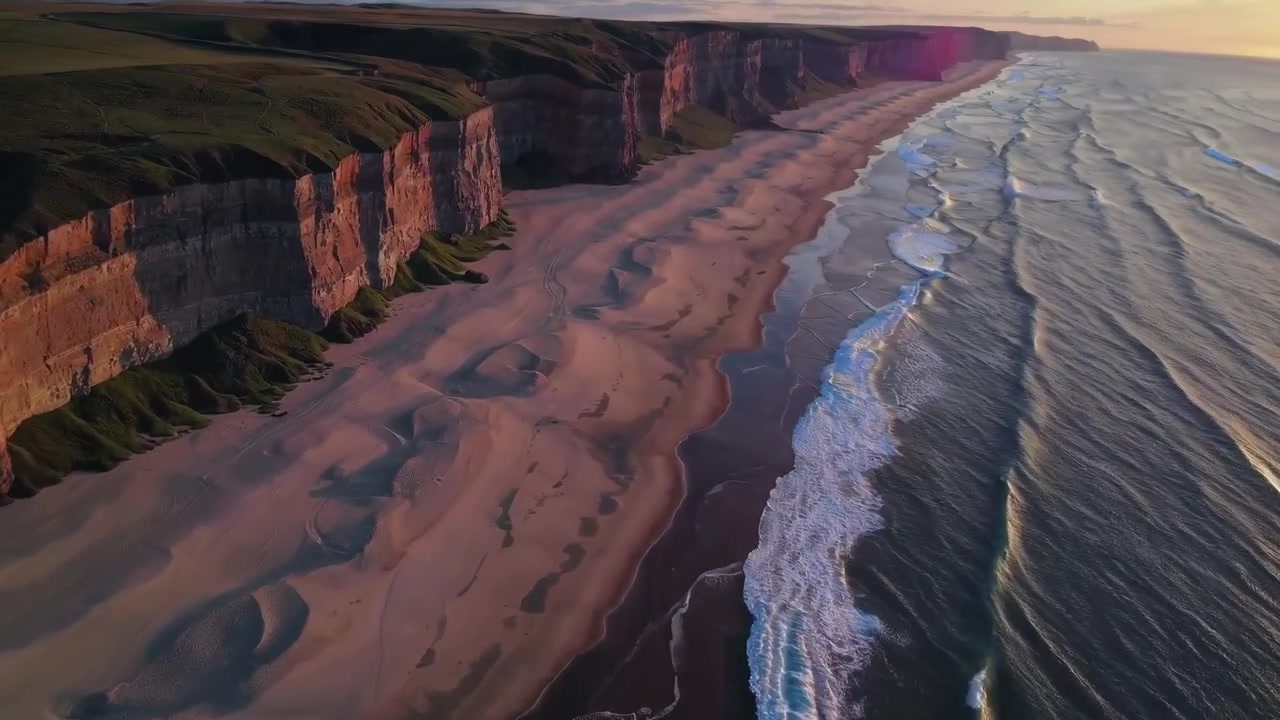 Vista aerea di spettacolari scogliere costiere e spiaggia sabbiosa al tramonto
