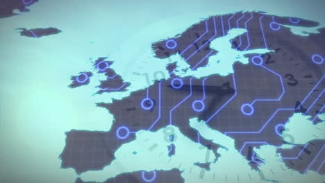 animation of digital network overlay on european map with clock and circuit patterns