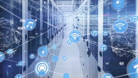 animation of network of digital icons, globe of network of connections against computer server room