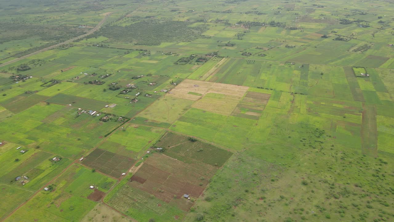 Aerial view on idyllic green farmlands in Southern Kenya, African agriculture