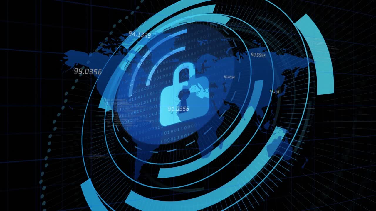 Animation of security padlock on round scanner over world map against black background