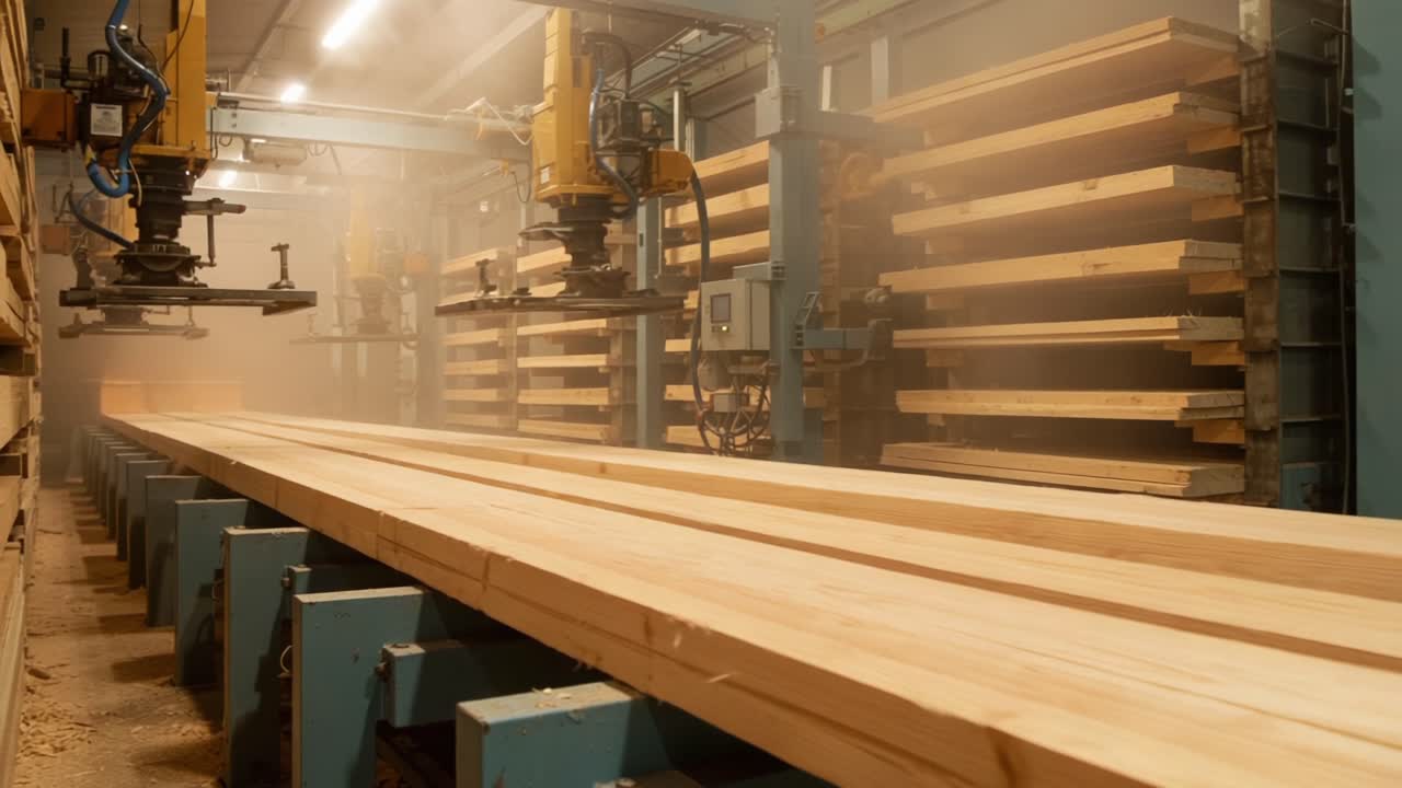 Automated Wood Processing Facility: High-Tech Robotic Arms Manipulating Timber Boards amidst Dust and Sawdust in a Modern Lumber Mill