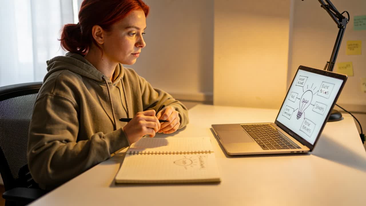 Writing woman in hoodie using laptop mind-map pausing resuming spiral notebook at desk, copy space