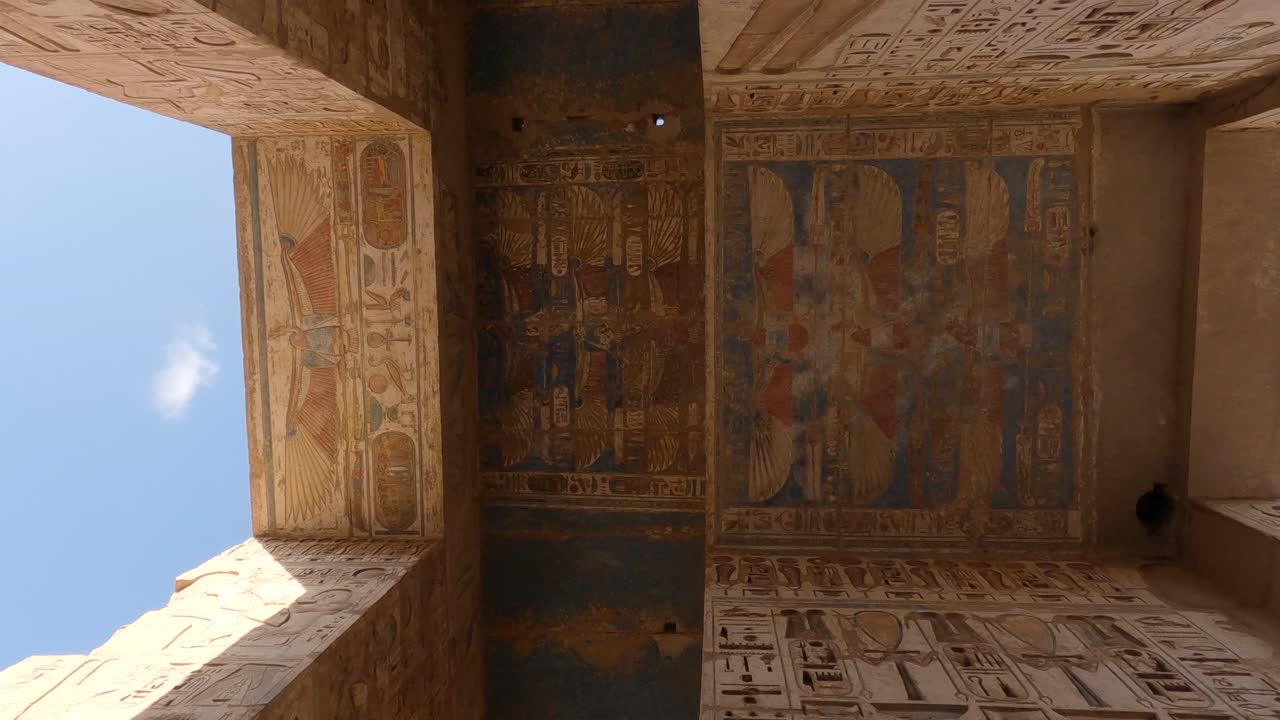 Ancient painted ceilling from Medinet habu Tempte in Luxor, Low angle view