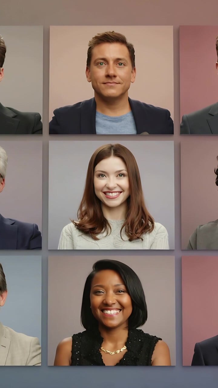 Video verticale: Registrazione, tre persone in studio che mostrano sorrisi e risate per un pannello con collana.