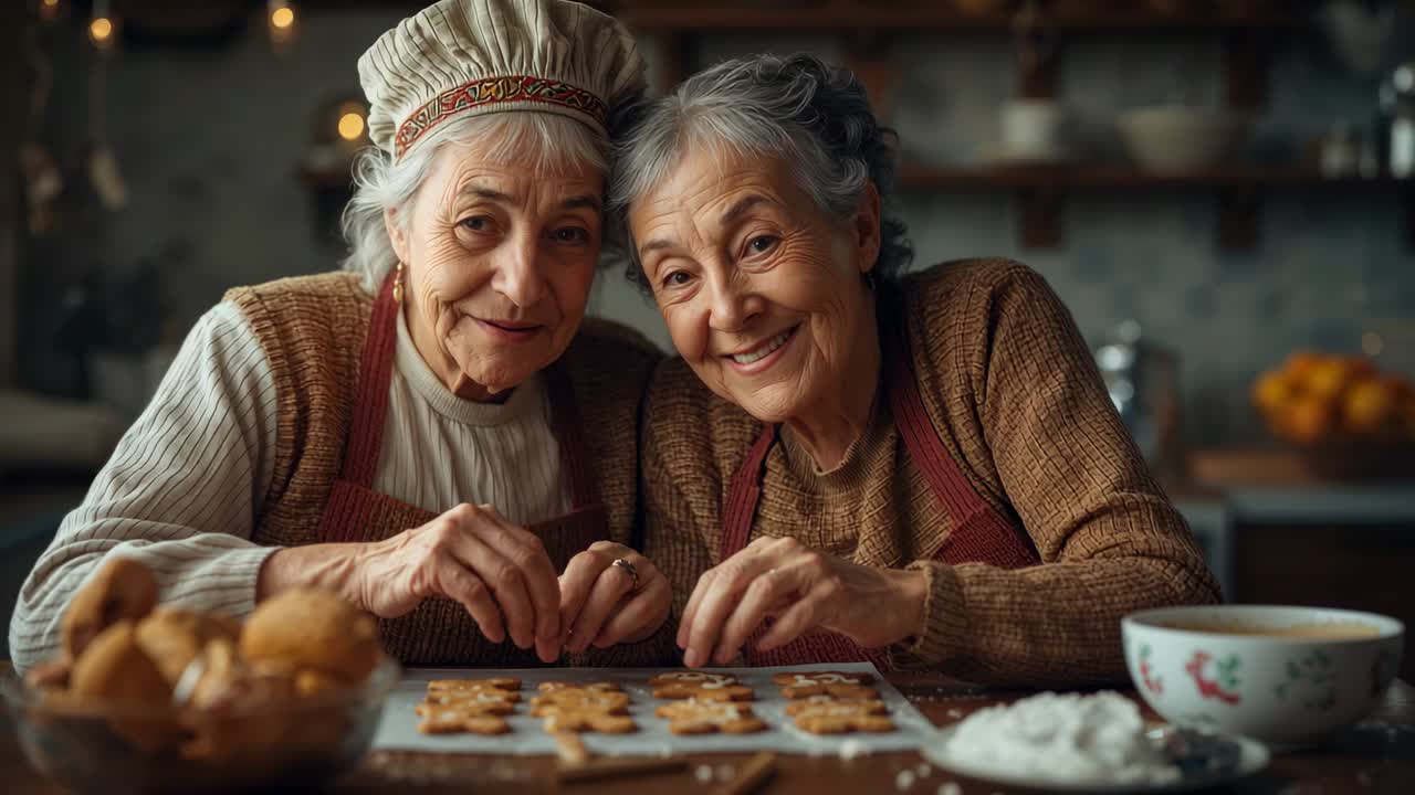 Opening featuring two senior women pressing cookie cutter into dough at counter preparing cookies